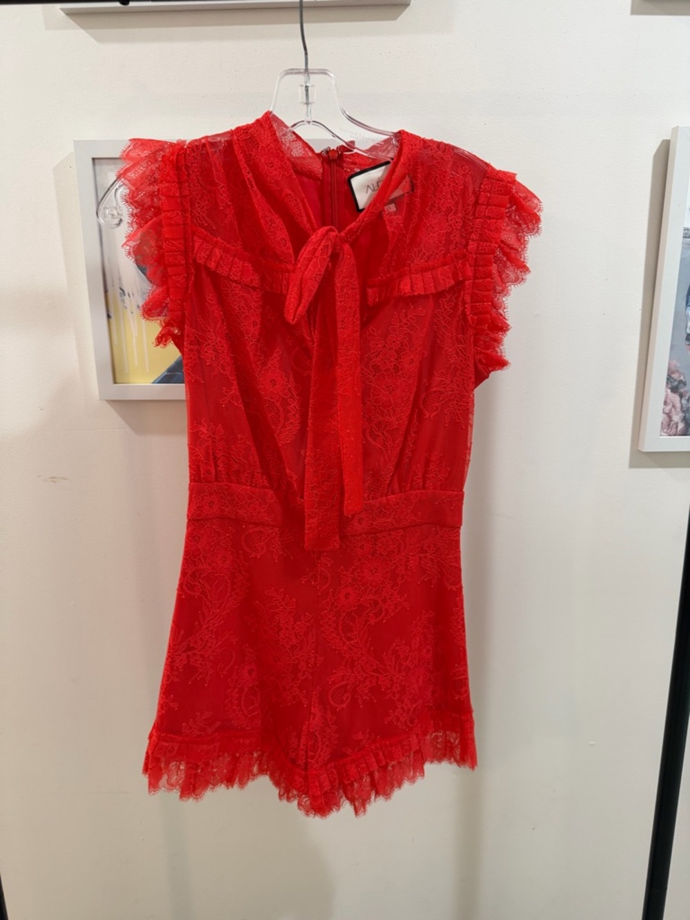 Alexis Bright Red-Orange Lace Tie-Neck Romper